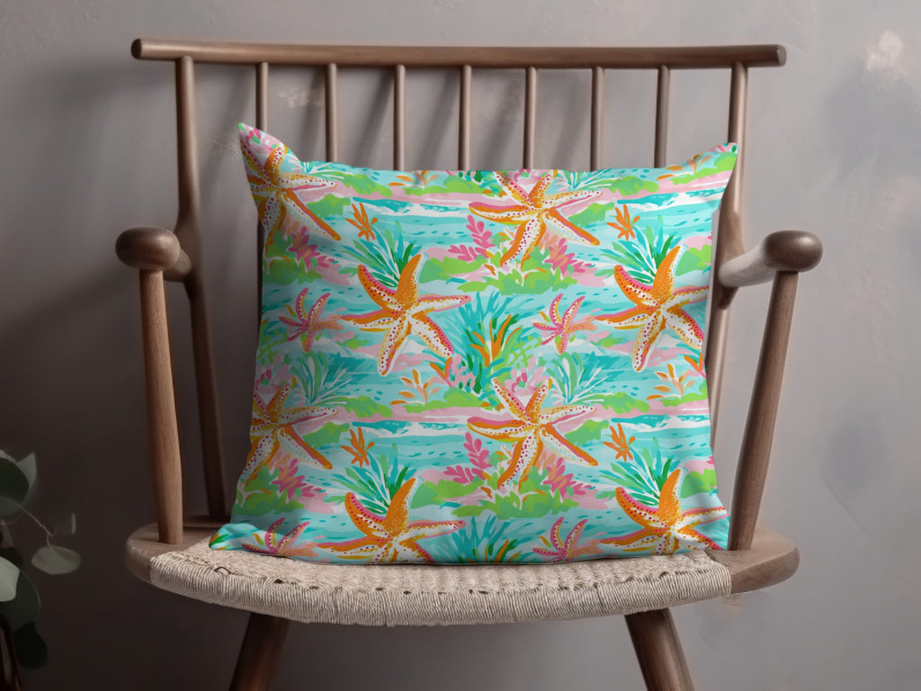 Starfish and Coral Reef Design Decorative Pillow