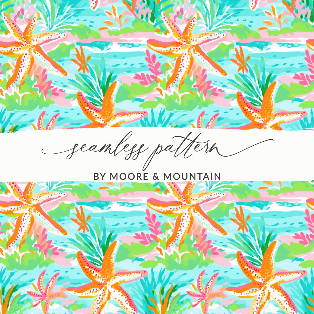Colorful Starfish and Ocean Plants Seamless Pattern