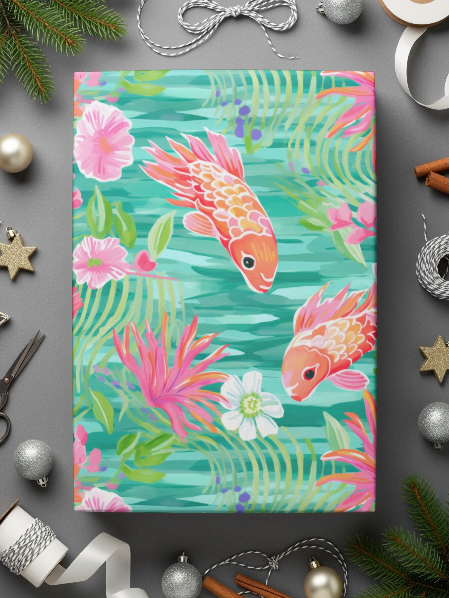 Colorful Fish and Floral Design Decorative Gift Wrap