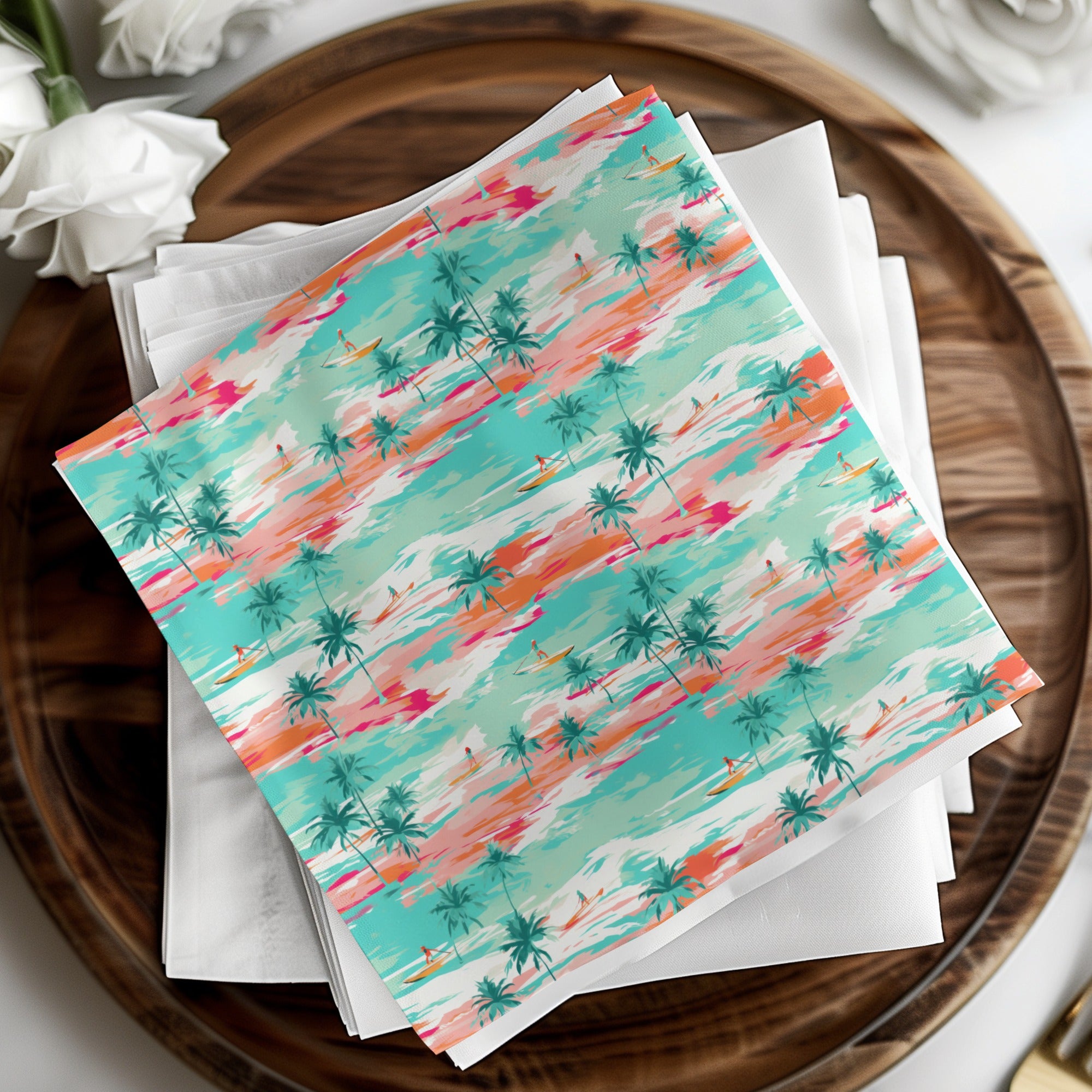 Tropical Sunset and Palm Trees Illustrated Print Fabric