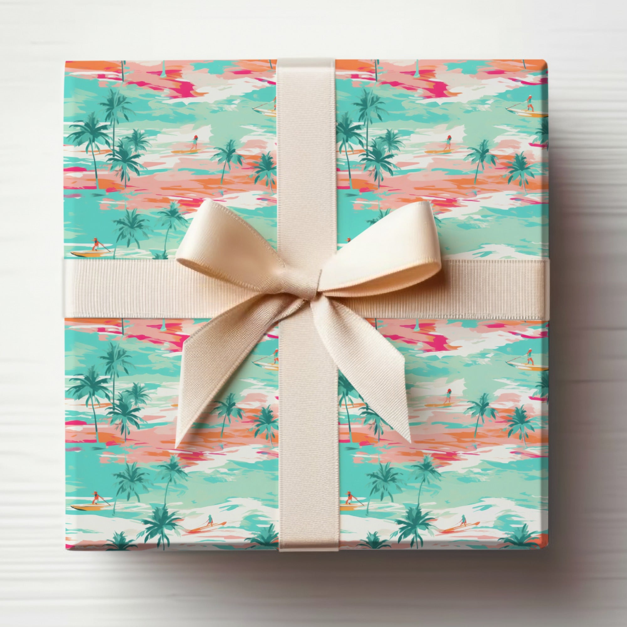 Tropical Beach Palm Trees Gift Wrap with Bow
