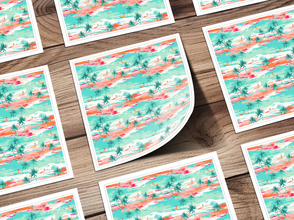 Tropical Beach Scene with Palm Trees Sticker Sheet