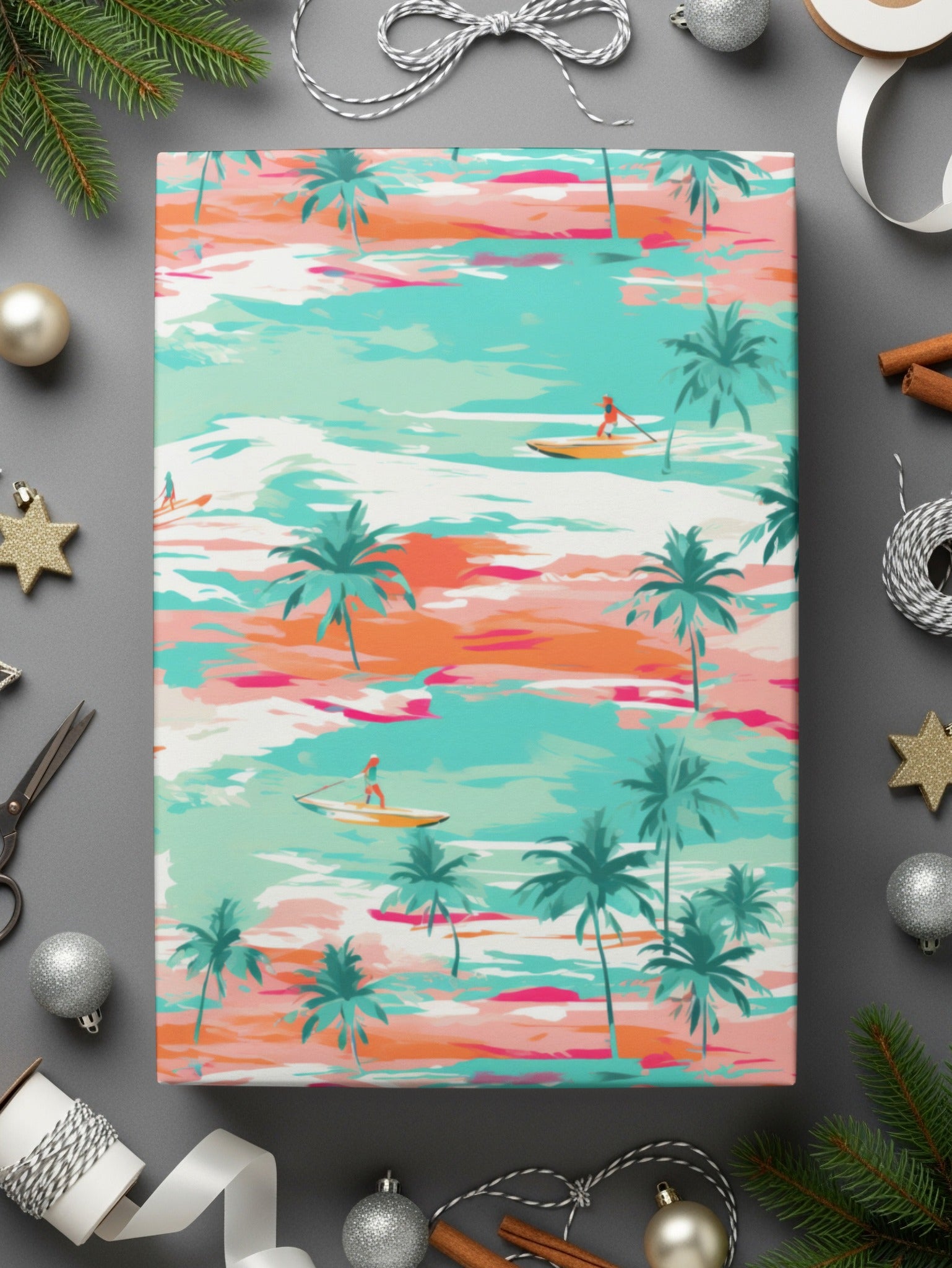 Tropical Beach Scene with Palm Trees and Surfers Print