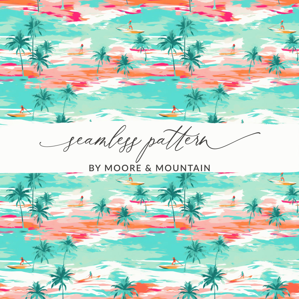 Colorful Tropical Surf and Palm Trees Seamless Pattern