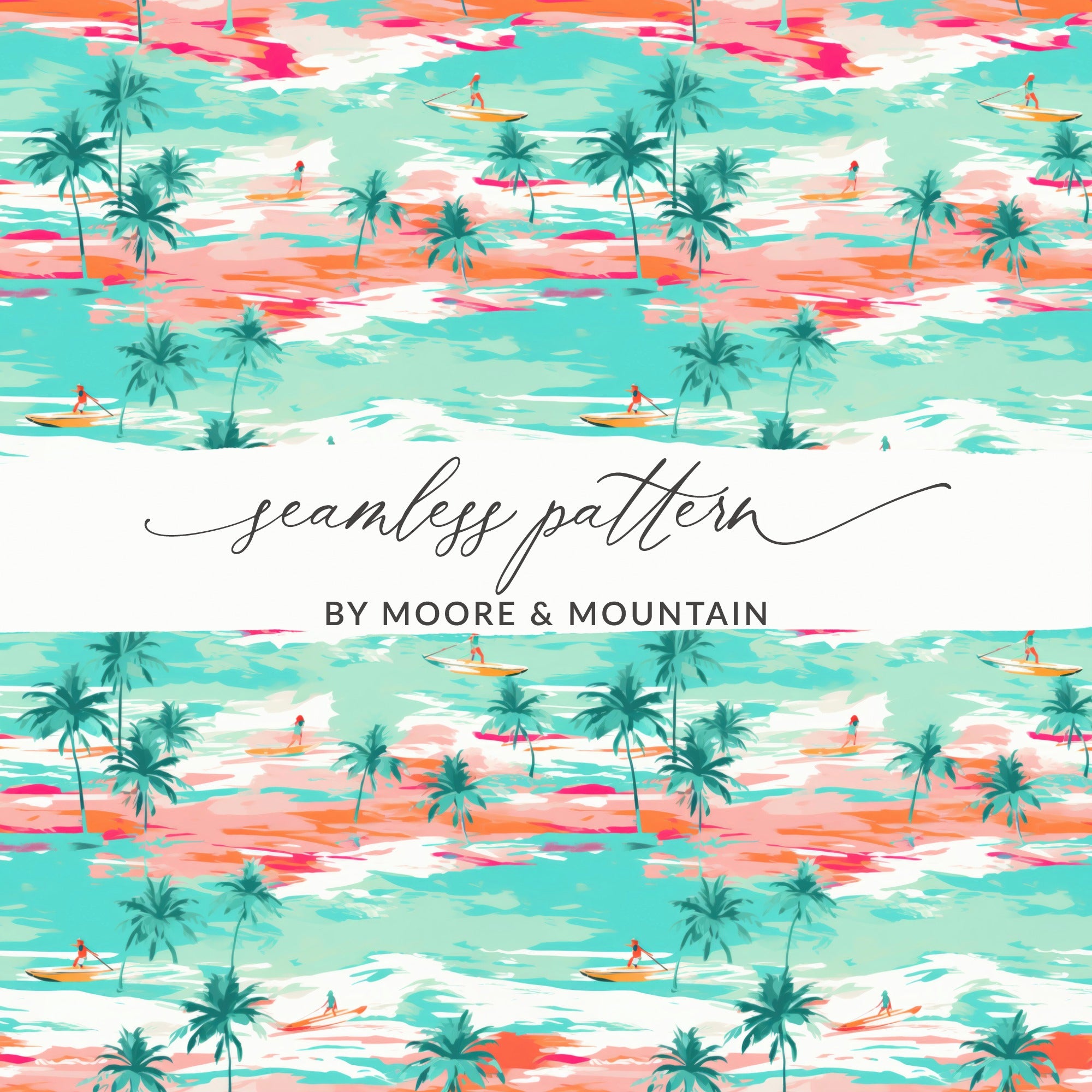 Colorful Tropical Surf and Palm Trees Seamless Pattern