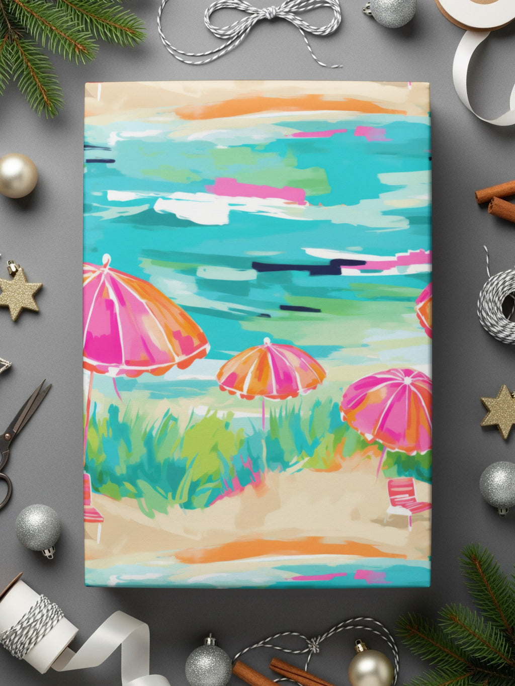 Colorful Beach Scene with Umbrellas Wrapped Gift Box