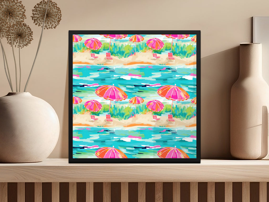 Vibrant Beach Umbrellas and Loungers Framed Art Print