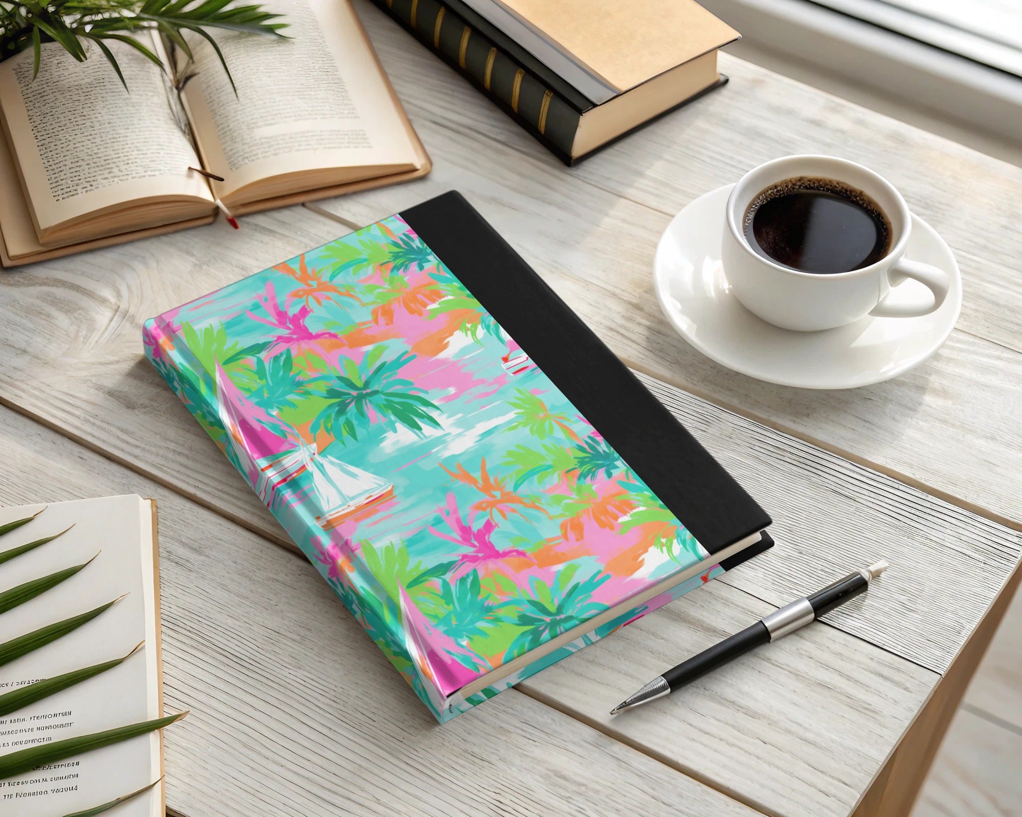 Vibrant Tropical Notebook with Palm Trees and Sailboats
