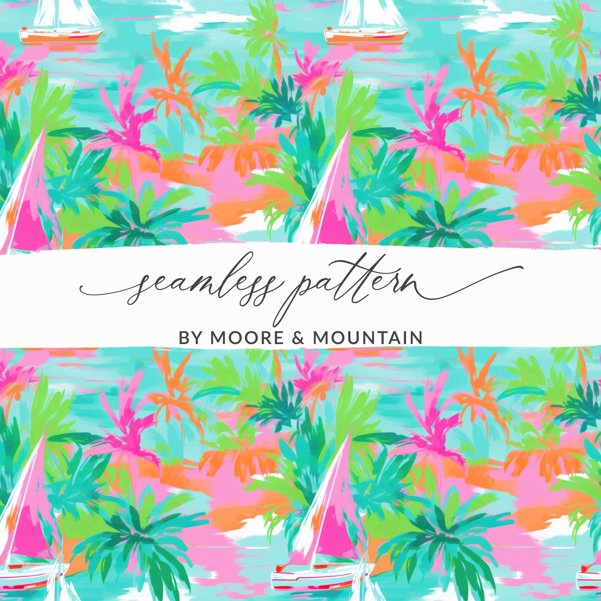 Tropical Palm Trees and Sailboats Seamless Pattern Design