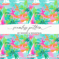 Colorful Tropical Boats and Palm Trees Seamless Pattern
