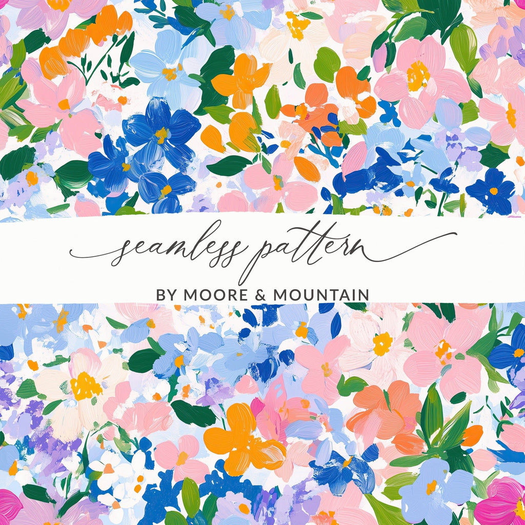 Preppy Blue Floral Beautiful Blossoms Pattern Digital Art | Floral Scene Digital Download - Moore and Mountain