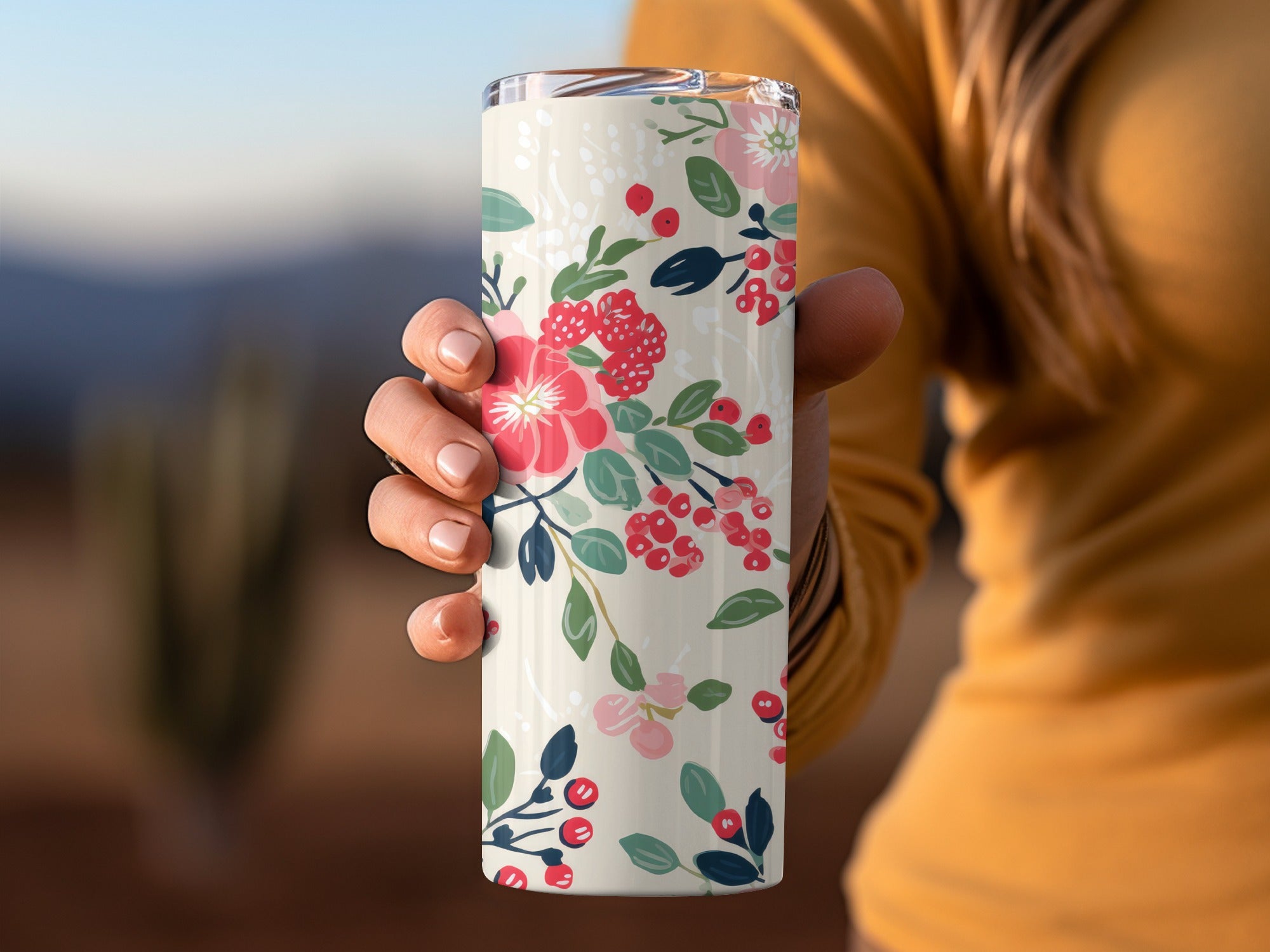 Floral Patterned Insulated Tumbler Cup With Lid