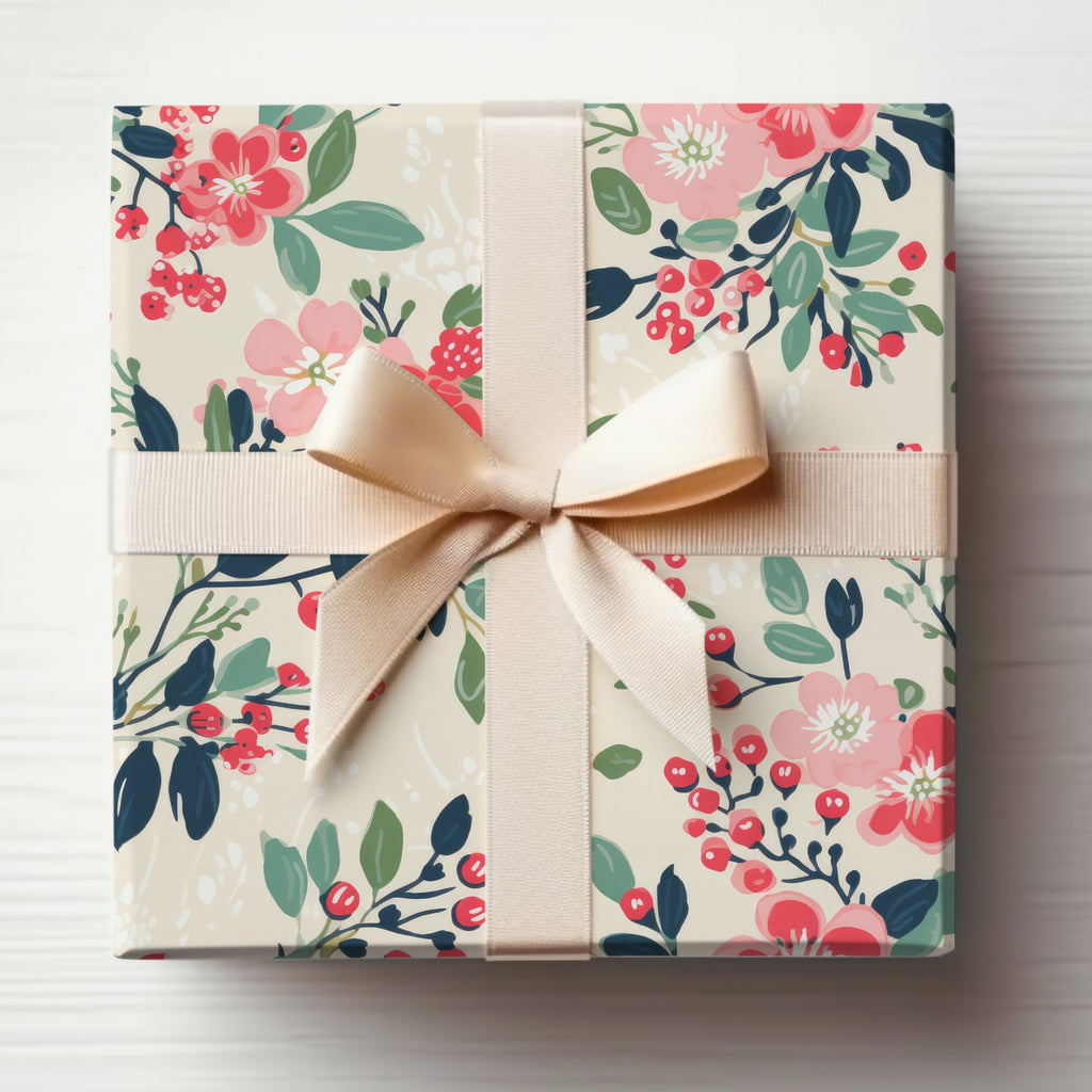 Floral Pattern Gift Wrap with Cream Ribbon Gift Box