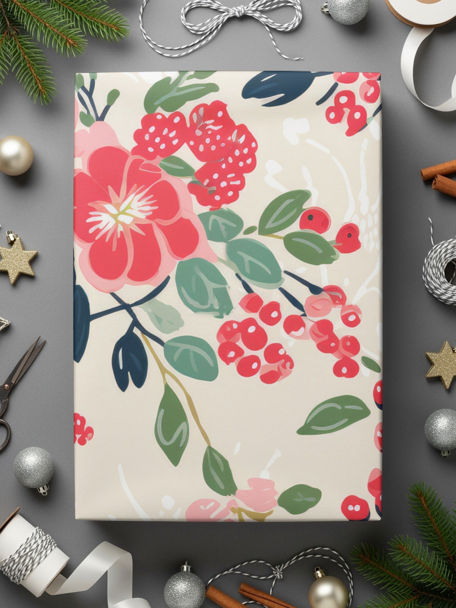 Floral and Berry Pattern Gift Wrap for Festive Occasions