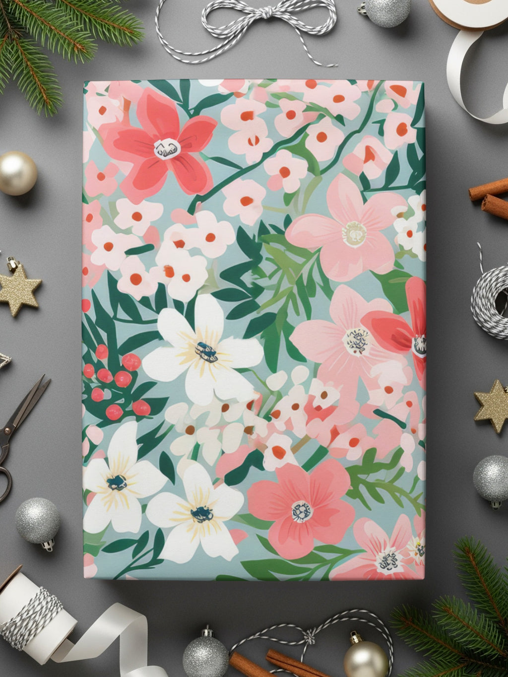 Festive Floral Wrapping Paper for Holiday Celebrations