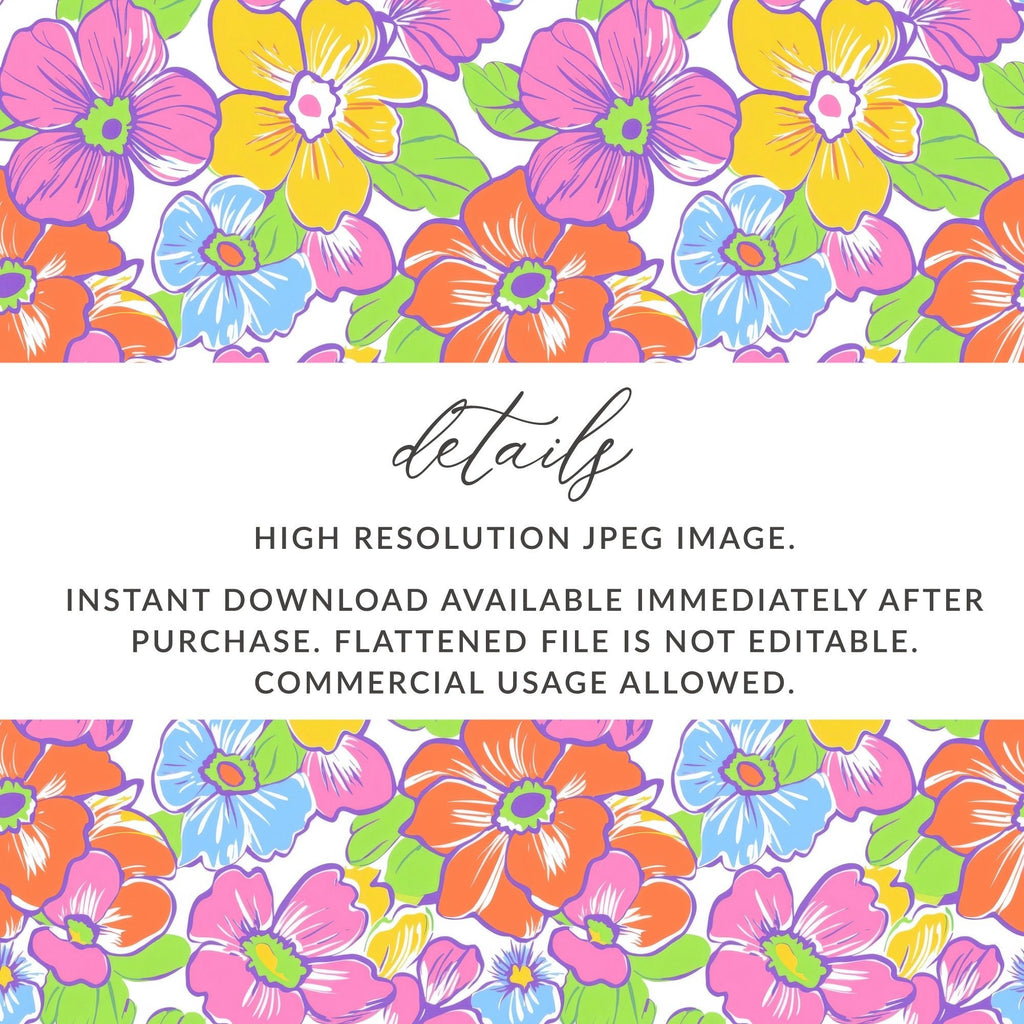 Preppy Colorful 60's Floral Pattern, Seamless Pattern, Digital Background, Pink Orange Yellow Blue Flowers Digital Paper - Moore and Mountain