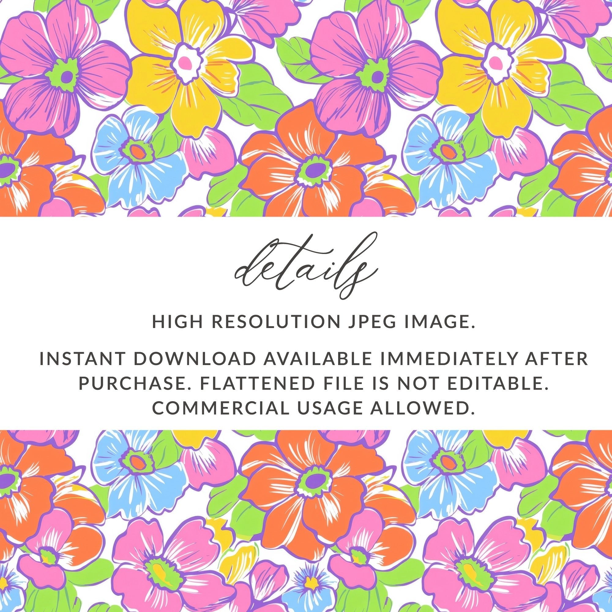 Preppy Colorful 60's Floral Pattern, Seamless Pattern, Digital Background, Pink Orange Yellow Blue Flowers Digital Paper - Moore and Mountain