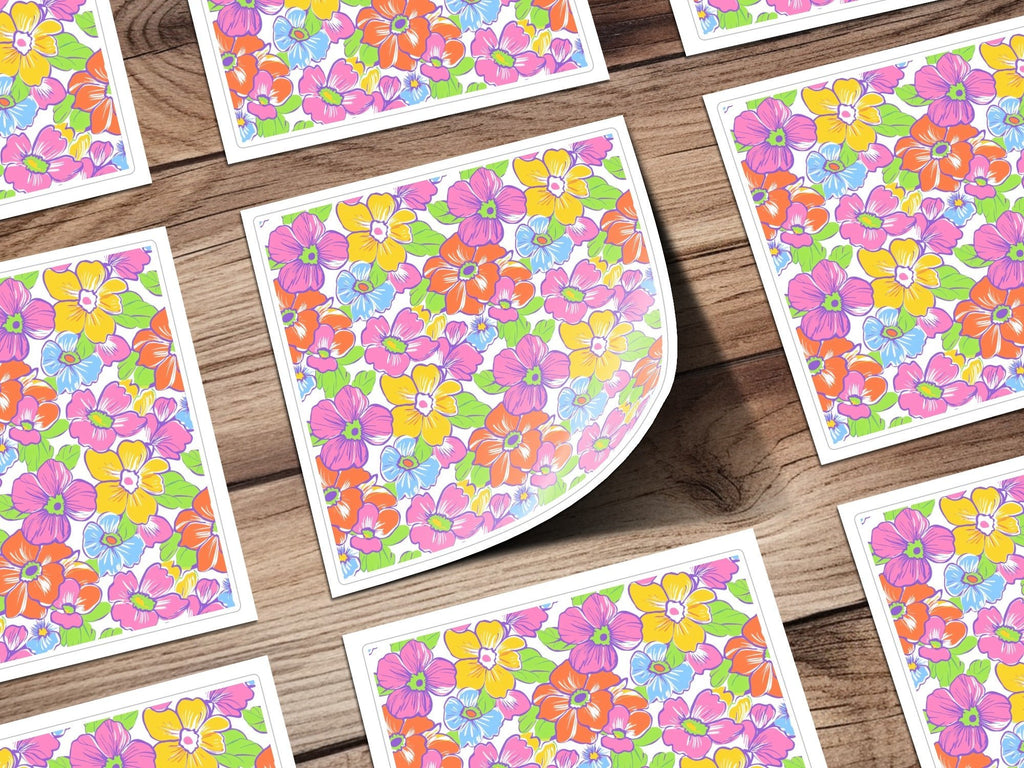 Preppy Colorful 60's Floral Pattern, Seamless Pattern, Digital Background, Pink Orange Yellow Blue Flowers Digital Paper - Moore and Mountain