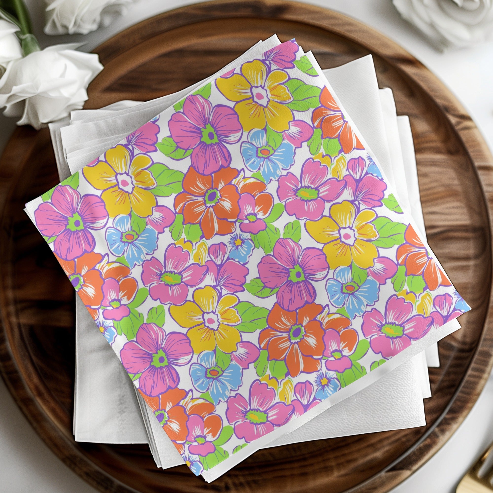 Preppy Colorful 60's Floral Pattern, Seamless Pattern, Digital Background, Pink Orange Yellow Blue Flowers Digital Paper - Moore and Mountain