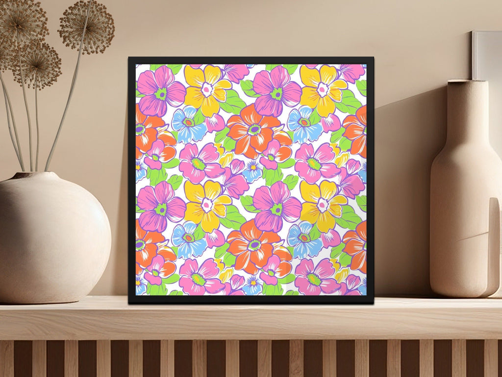 Preppy Colorful 60's Floral Pattern, Seamless Pattern, Digital Background, Pink Orange Yellow Blue Flowers Digital Paper - Moore and Mountain