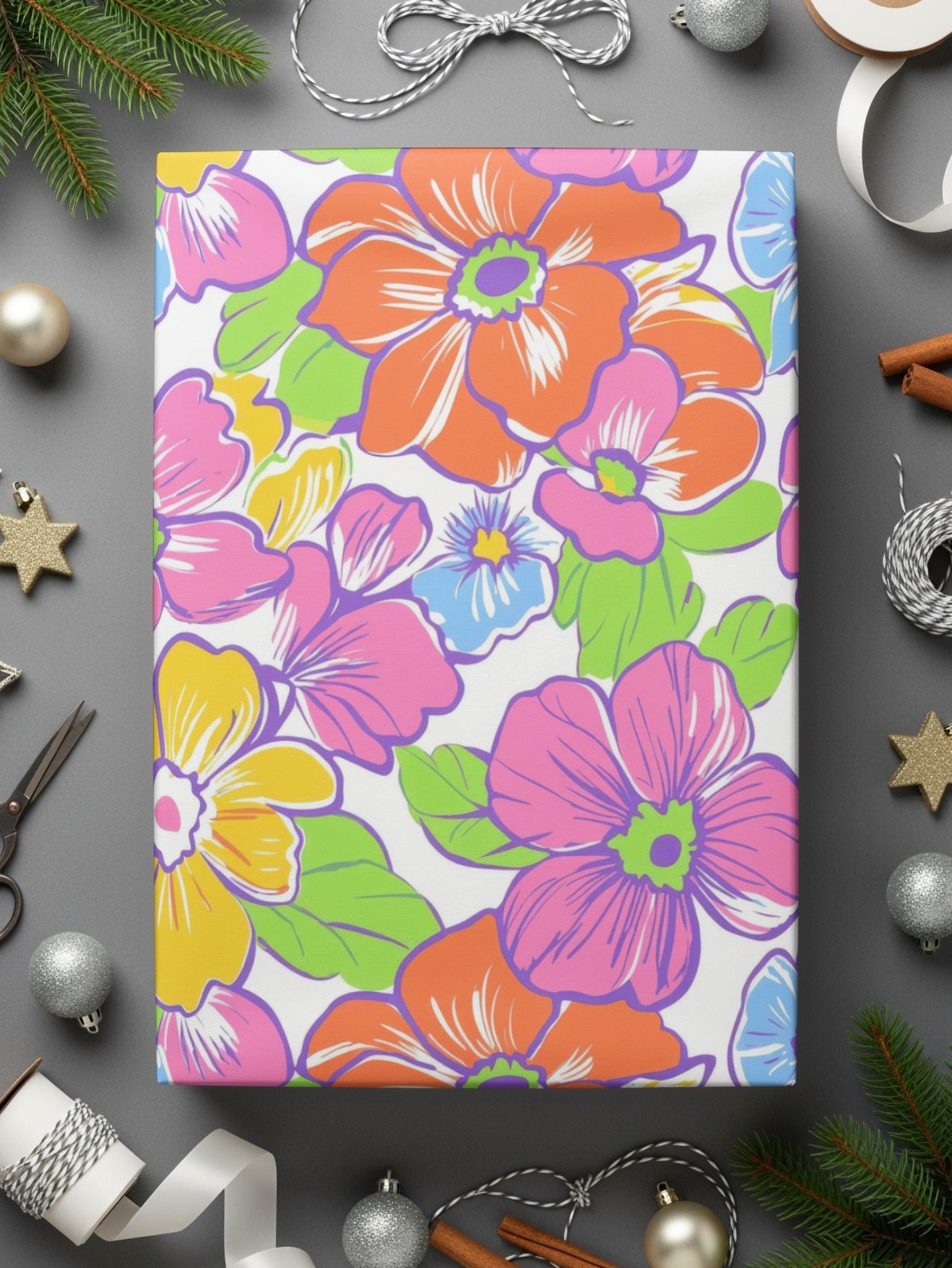 Preppy Colorful 60's Floral Pattern, Seamless Pattern, Digital Background, Pink Orange Yellow Blue Flowers Digital Paper - Moore and Mountain