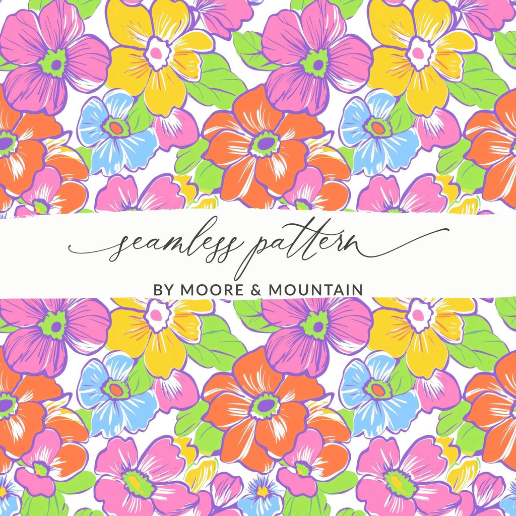 Preppy Colorful 60's Floral Pattern, Seamless Pattern, Digital Background, Pink Orange Yellow Blue Flowers Digital Paper - Moore and Mountain