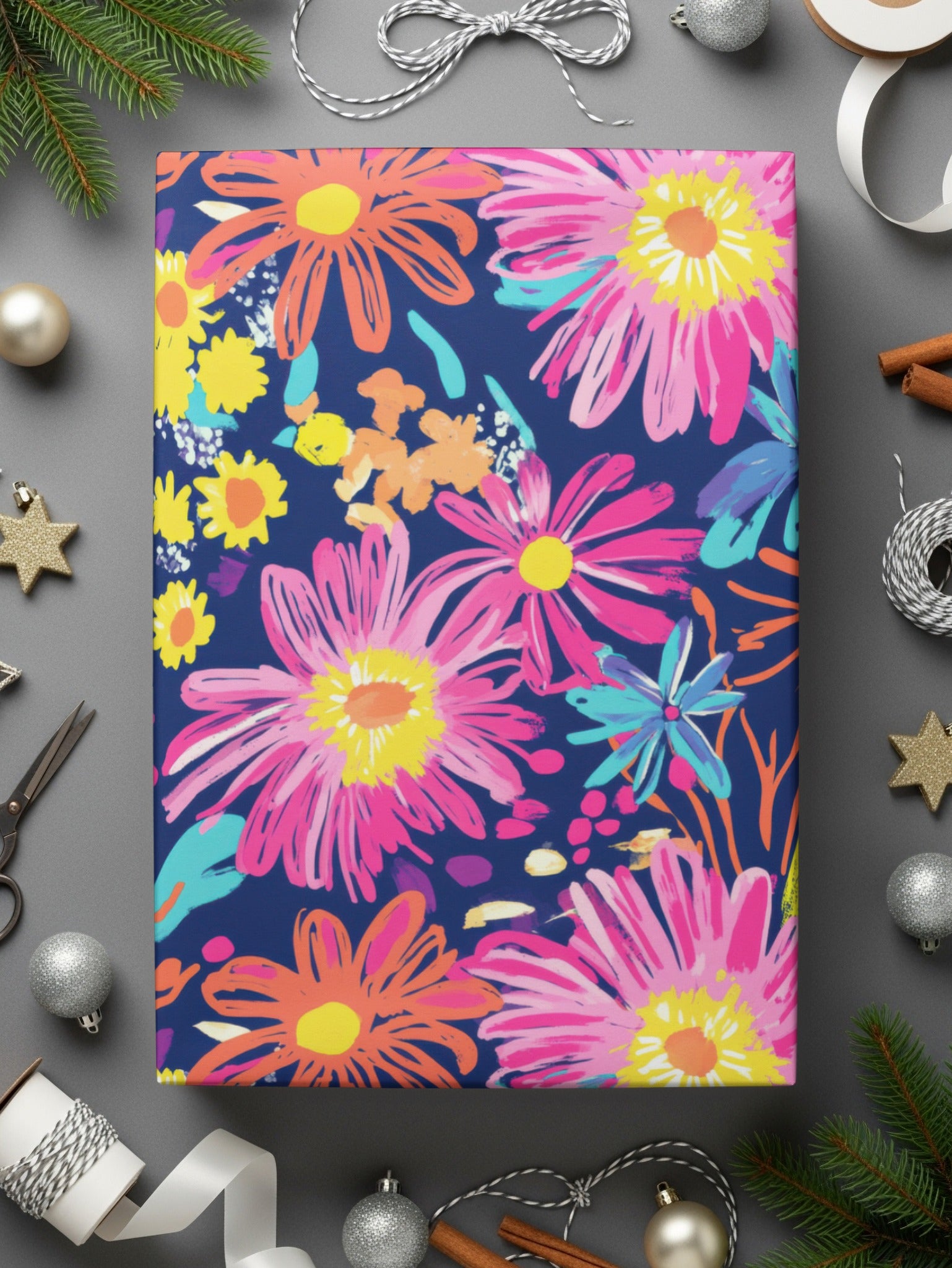 Colorful Floral Gift Wrap with Vibrant Blossoms Design
