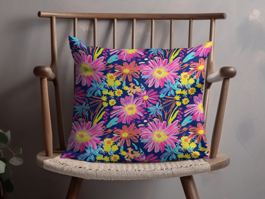 Bright Florals in Blue and Pink Decorative Pillow