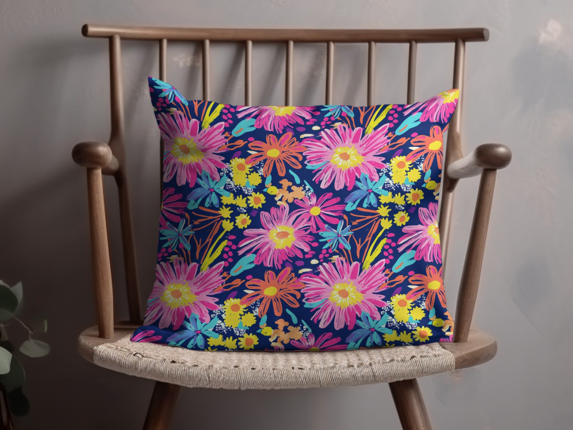 Bright Florals in Blue and Pink Decorative Pillow