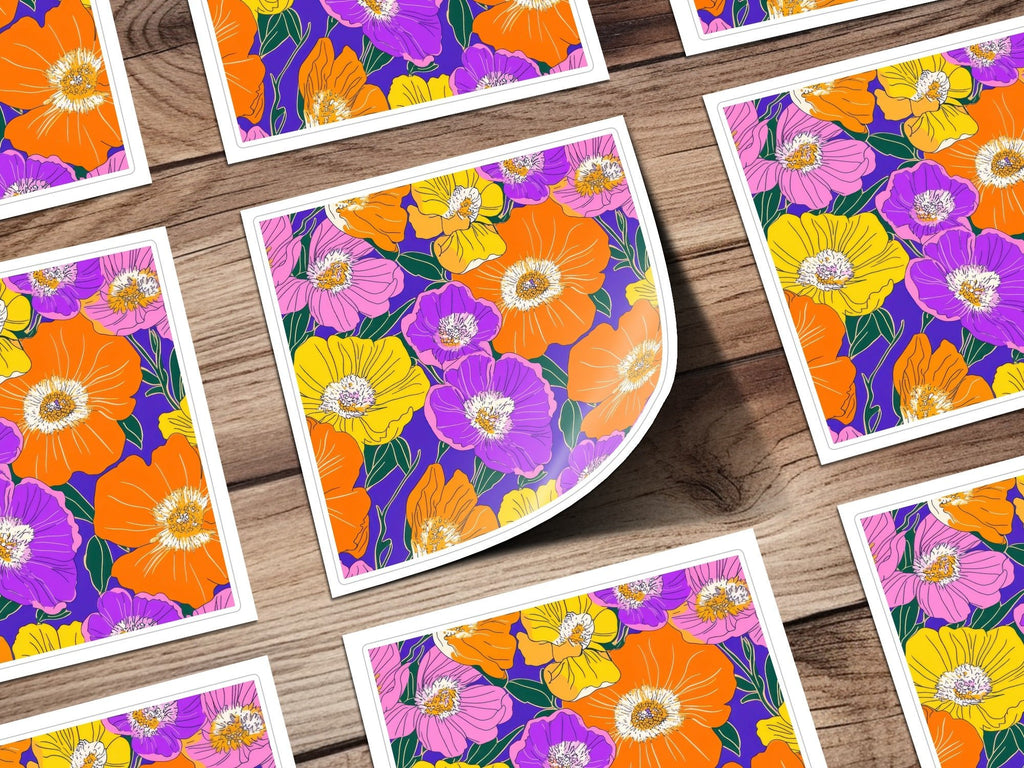 Preppy Orange 60s floral pattern, Digital Paper, Groovy Floral Background, Seamless Retro Flowers, Scrapbook Paper, Fabric Design - Moore and Mountain