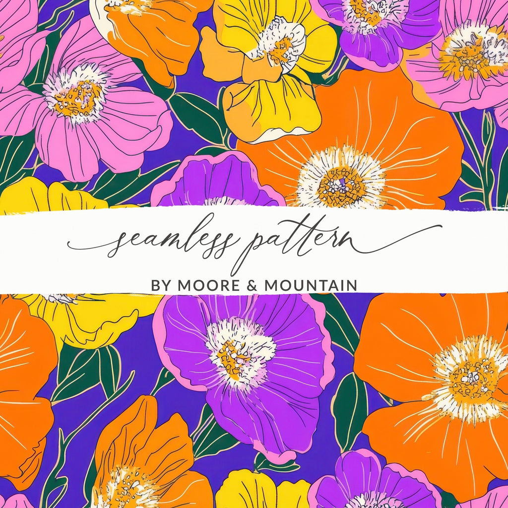 Preppy Orange 60s floral pattern, Digital Paper, Groovy Floral Background, Seamless Retro Flowers, Scrapbook Paper, Fabric Design - Moore and Mountain