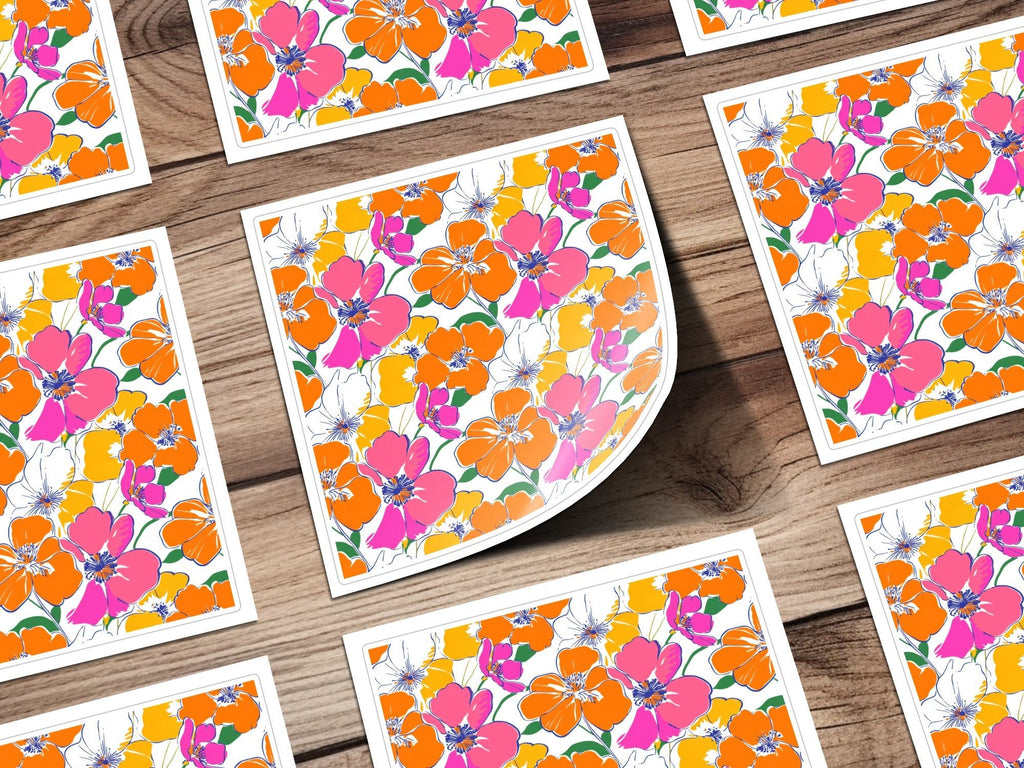 Preppy Orange Pink Floral Seamless Pattern, Digital Background, 60's floral pattern, Printable Fabric Design, Digital Paper, Flower Illustration - Moore and Mountain
