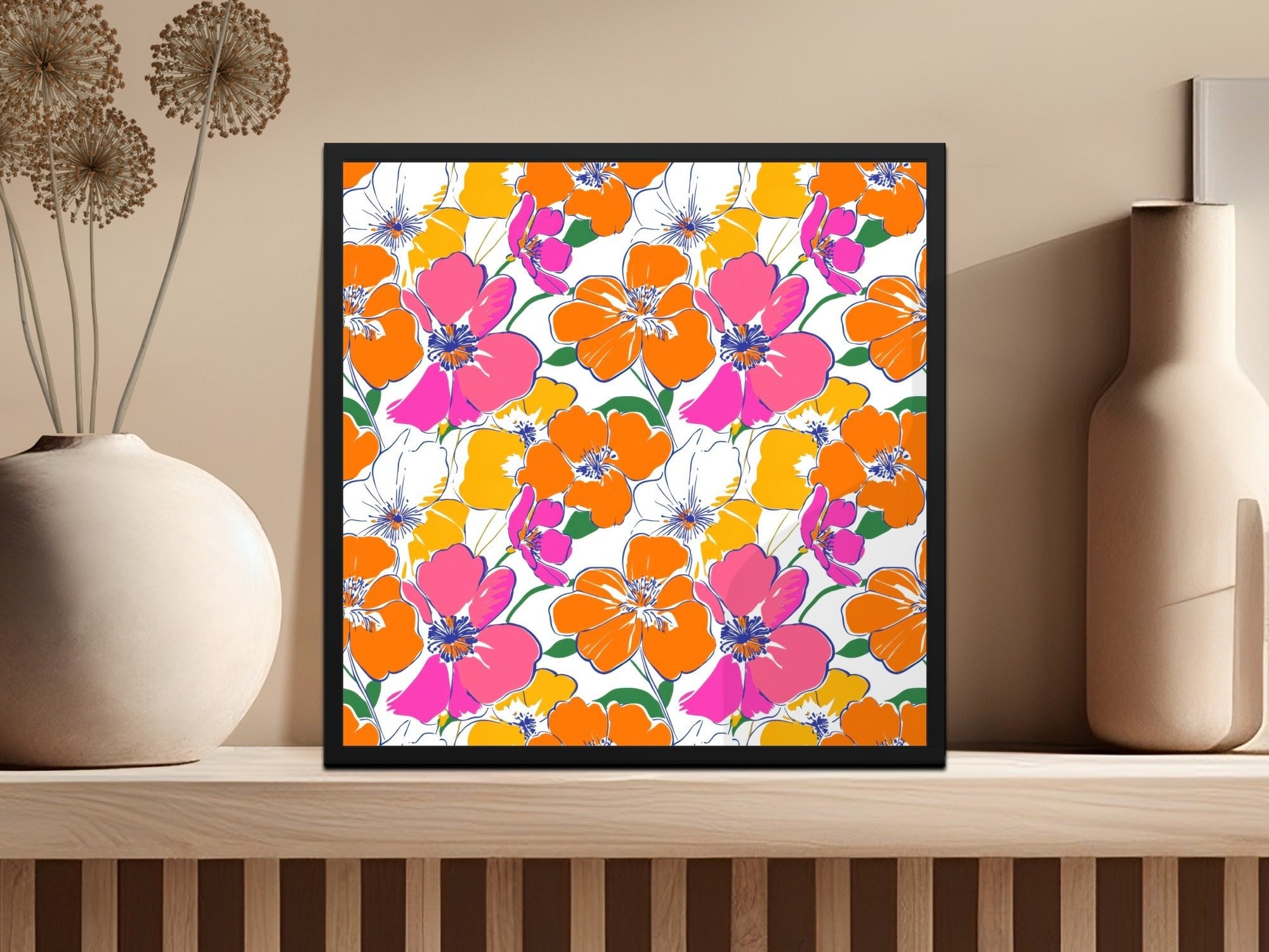 Preppy Orange Pink Floral Seamless Pattern, Digital Background, 60's floral pattern, Printable Fabric Design, Digital Paper, Flower Illustration - Moore and Mountain