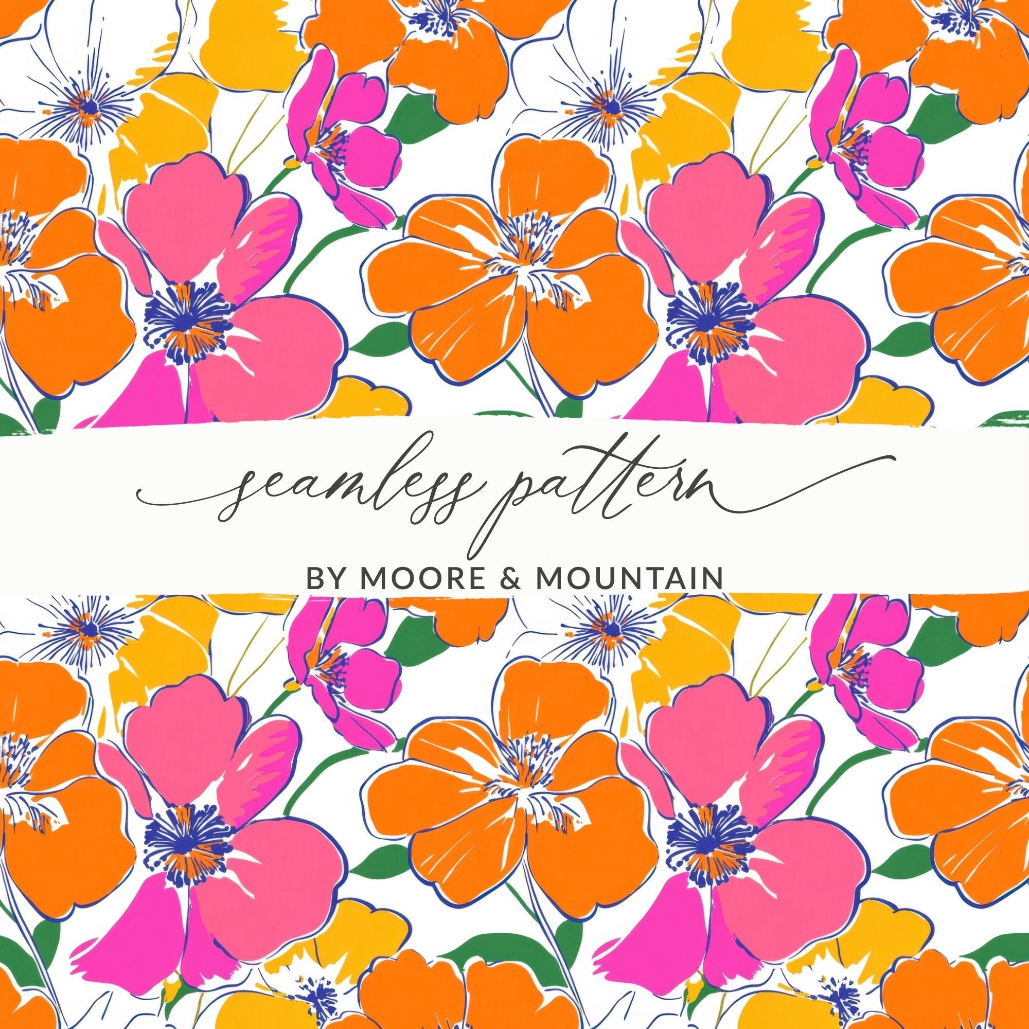 Preppy Orange Pink Floral Seamless Pattern, Digital Background, 60's floral pattern, Printable Fabric Design, Digital Paper, Flower Illustration - Moore and Mountain