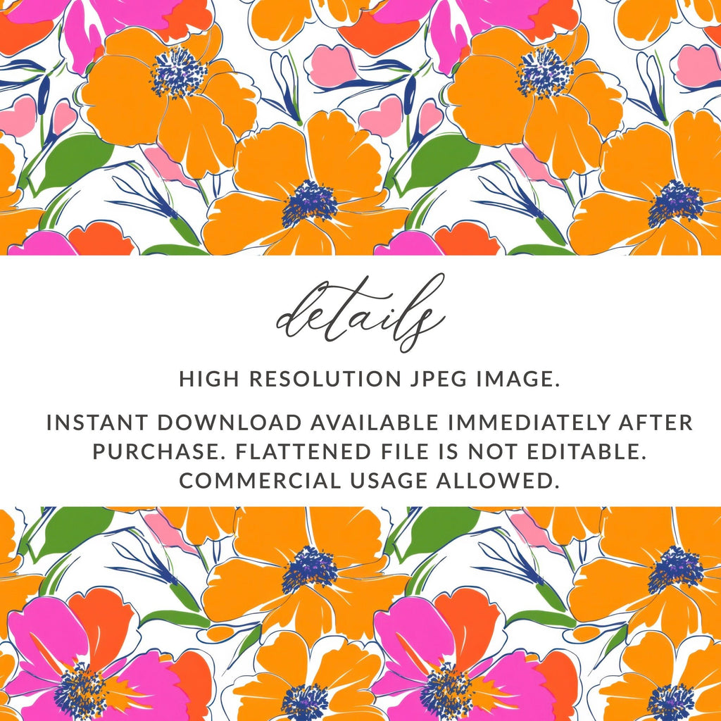 Preppy Orange Pink Floral Seamless Pattern, Digital Background, 90s Floral Pattern, Vibrant Flowers Digital Paper, Fabric Print, Digital Product - Moore and Mountain
