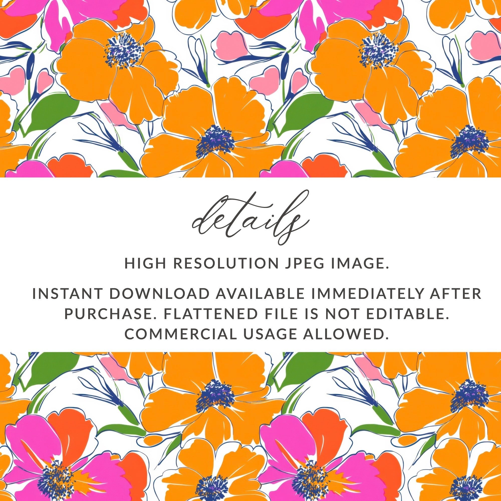 Preppy Orange Pink Floral Seamless Pattern, Digital Background, 90s Floral Pattern, Vibrant Flowers Digital Paper, Fabric Print, Digital Product - Moore and Mountain