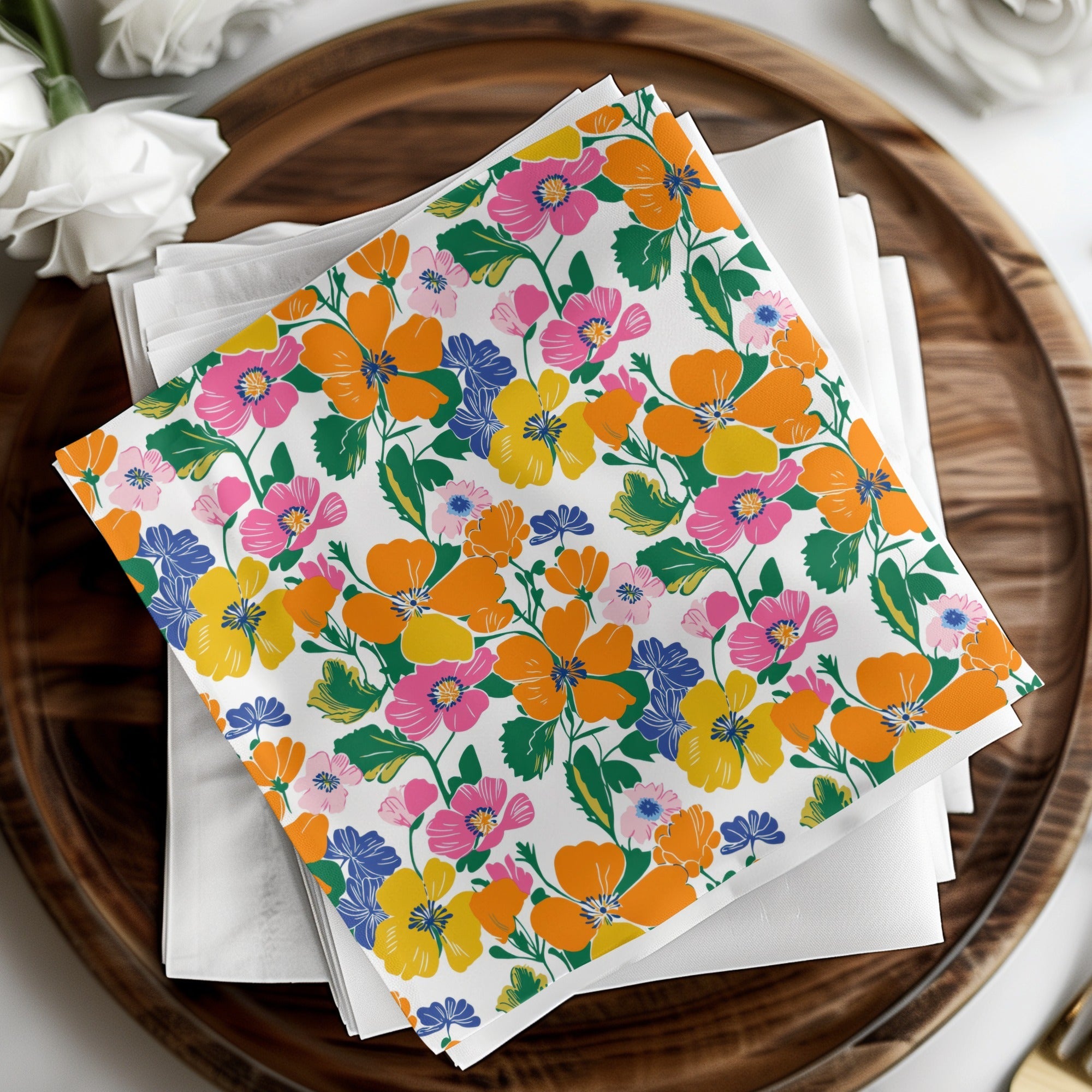Preppy Orange Pink Yellow Floral Seamless Pattern, 60's Floral Pattern, Digital Background, Colorful Flower Print, Digital Paper - Moore and Mountain
