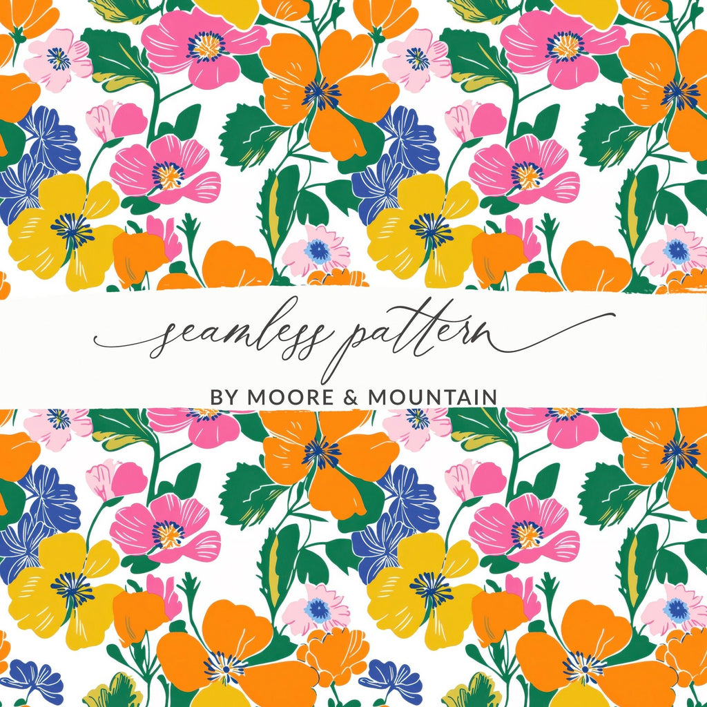 Preppy Orange Pink Yellow Floral Seamless Pattern, 60's Floral Pattern, Digital Background, Colorful Flower Print, Digital Paper - Moore and Mountain