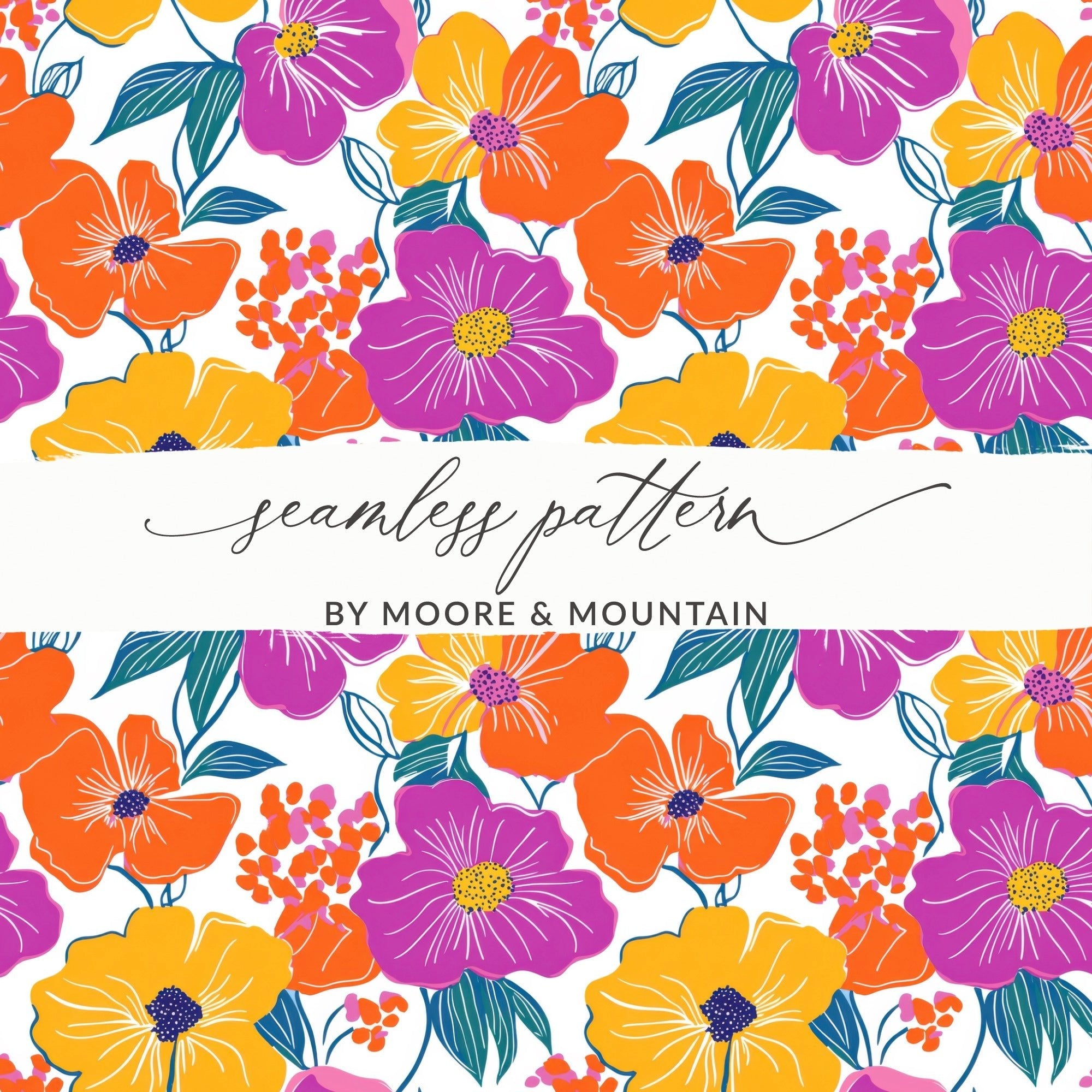 Preppy Orange Purple 60's Floral Pattern, Seamless Pattern, Digital Background, Flower Power Digital Paper - Moore and Mountain
