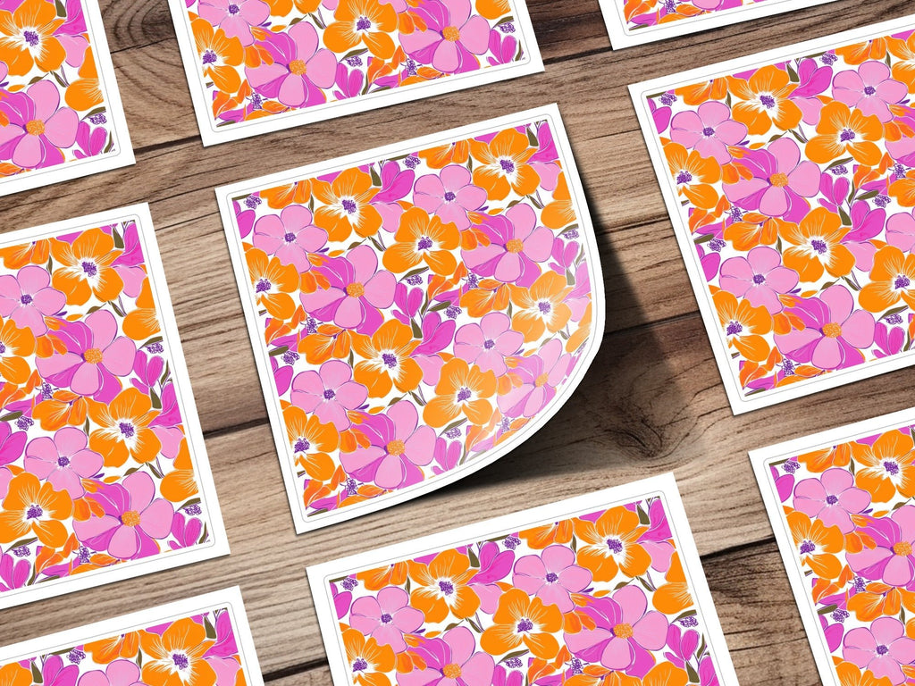 Preppy Pink Orange 60's Floral Pattern, Seamless Pattern, Digital Background, Flower Illustration, Repeating Design, Digital Paper - Moore and Mountain