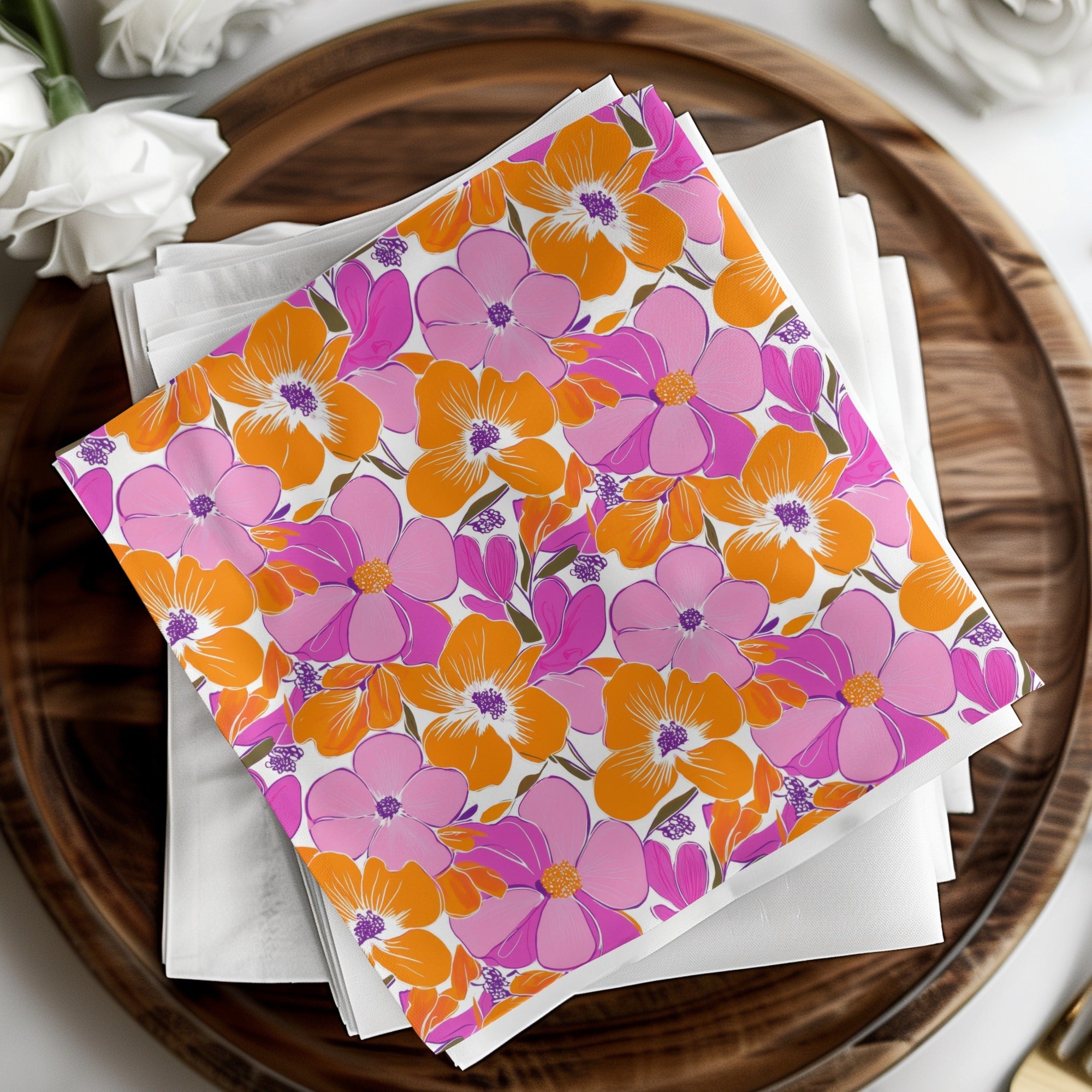 Preppy Pink Orange 60's Floral Pattern, Seamless Pattern, Digital Background, Flower Illustration, Repeating Design, Digital Paper - Moore and Mountain