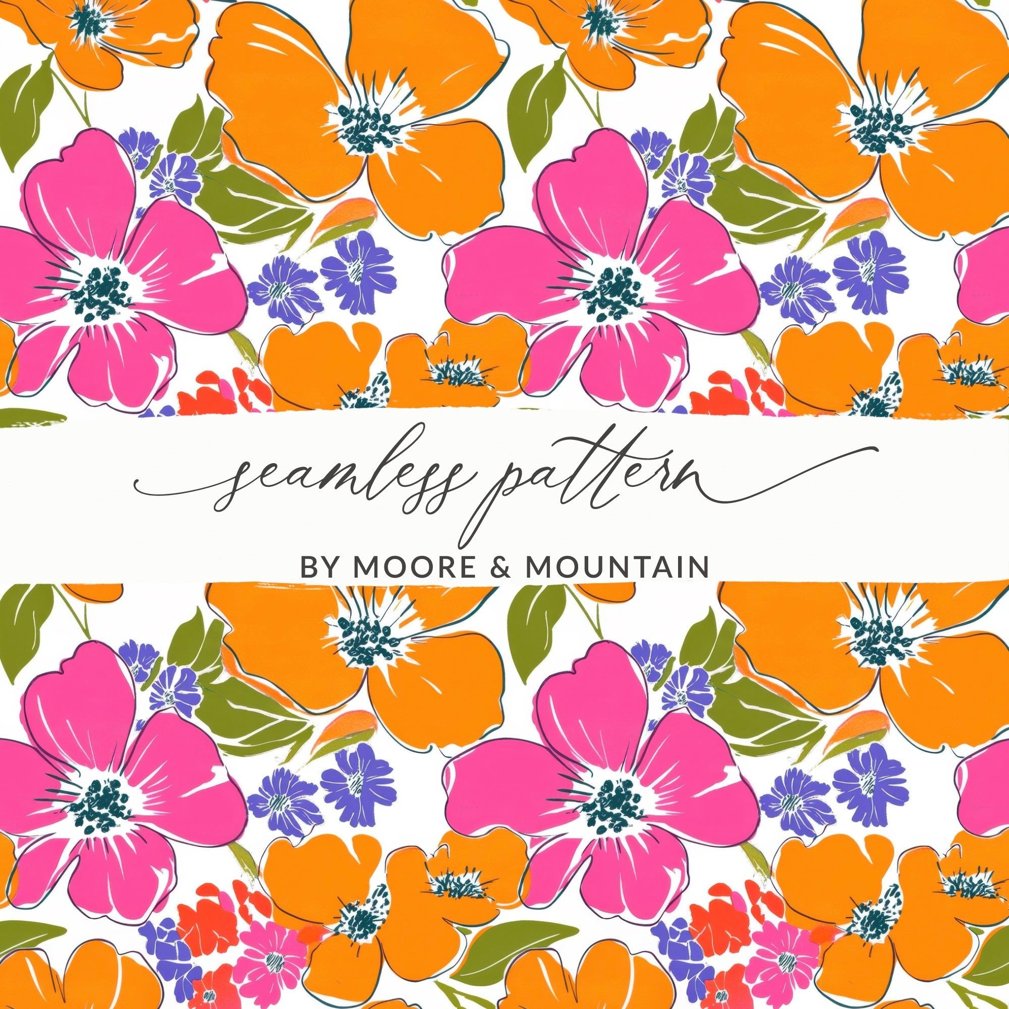 Preppy Pink Orange 60's floral pattern Seamless Pattern, Retro digital background, Floral paper, Colorful floral repeating pattern - Moore and Mountain