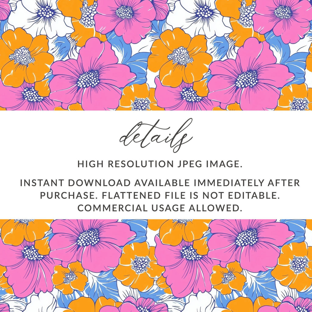 Preppy Pink Orange Floral Seamless Pattern, 60's Floral Pattern, Digital Background, Digital Paper, Retro Flower Pattern, Digital product - Moore and Mountain