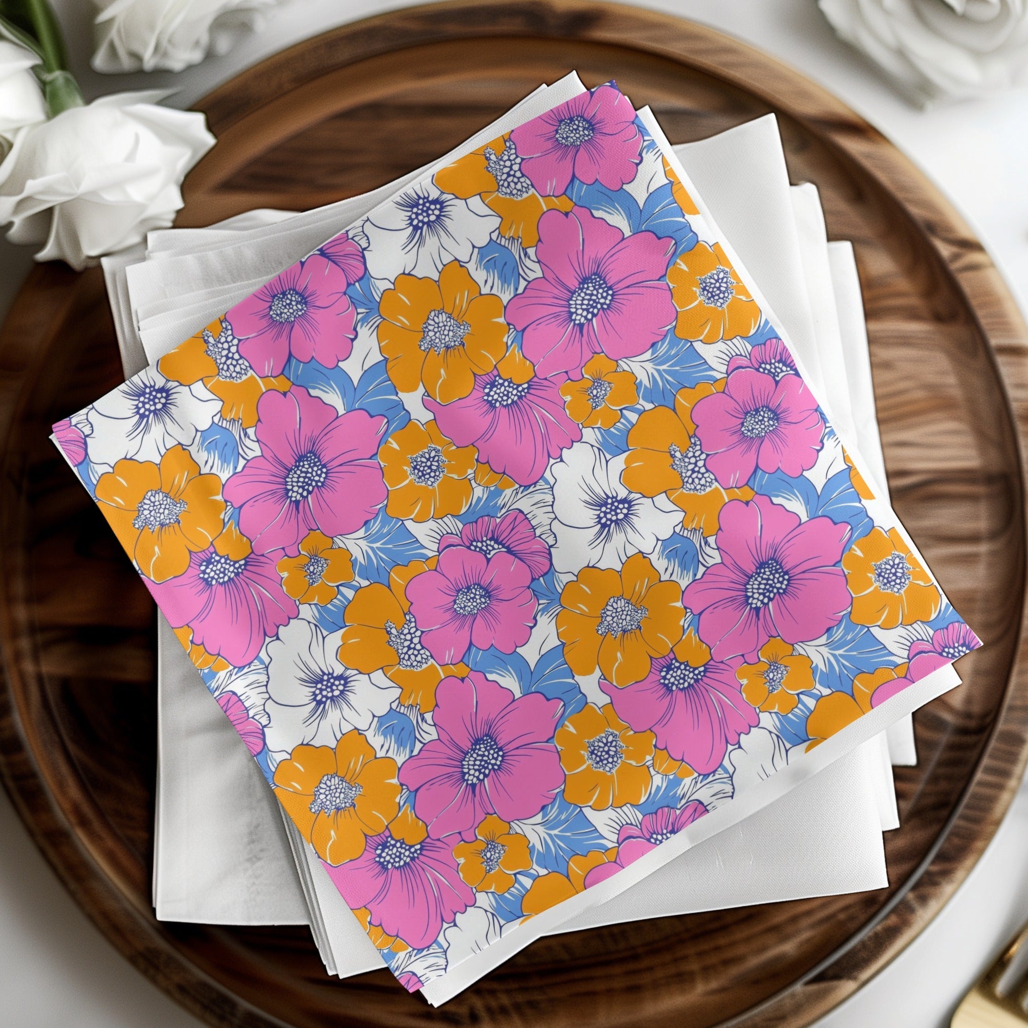 Preppy Pink Orange Floral Seamless Pattern, 60's Floral Pattern, Digital Background, Digital Paper, Retro Flower Pattern, Digital product - Moore and Mountain