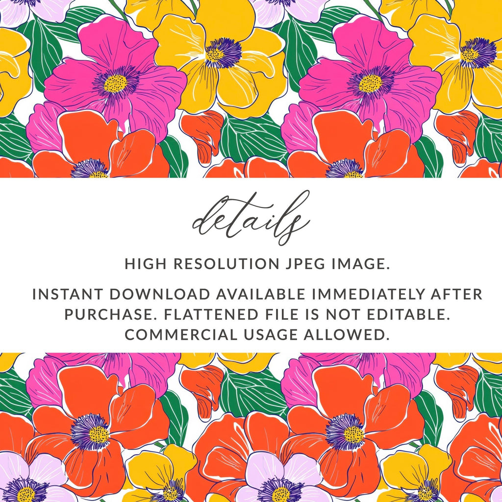 Preppy Pink Orange Yellow Floral 60's Floral Pattern, Seamless Pattern, Digital Background, Digital Paper, Fabric Design, Digital Product - Moore and Mountain