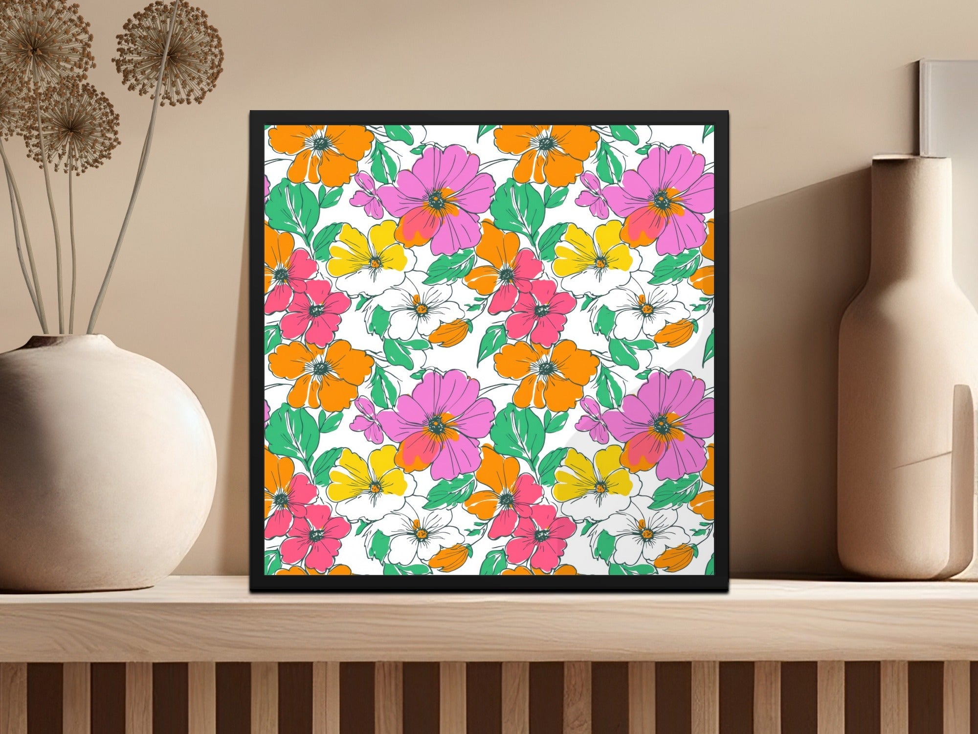 Preppy Pink, Orange, Yellow Floral Seamless Pattern, 60's floral pattern, Digital Background, Commercial Use, Repeat Pattern - Moore and Mountain