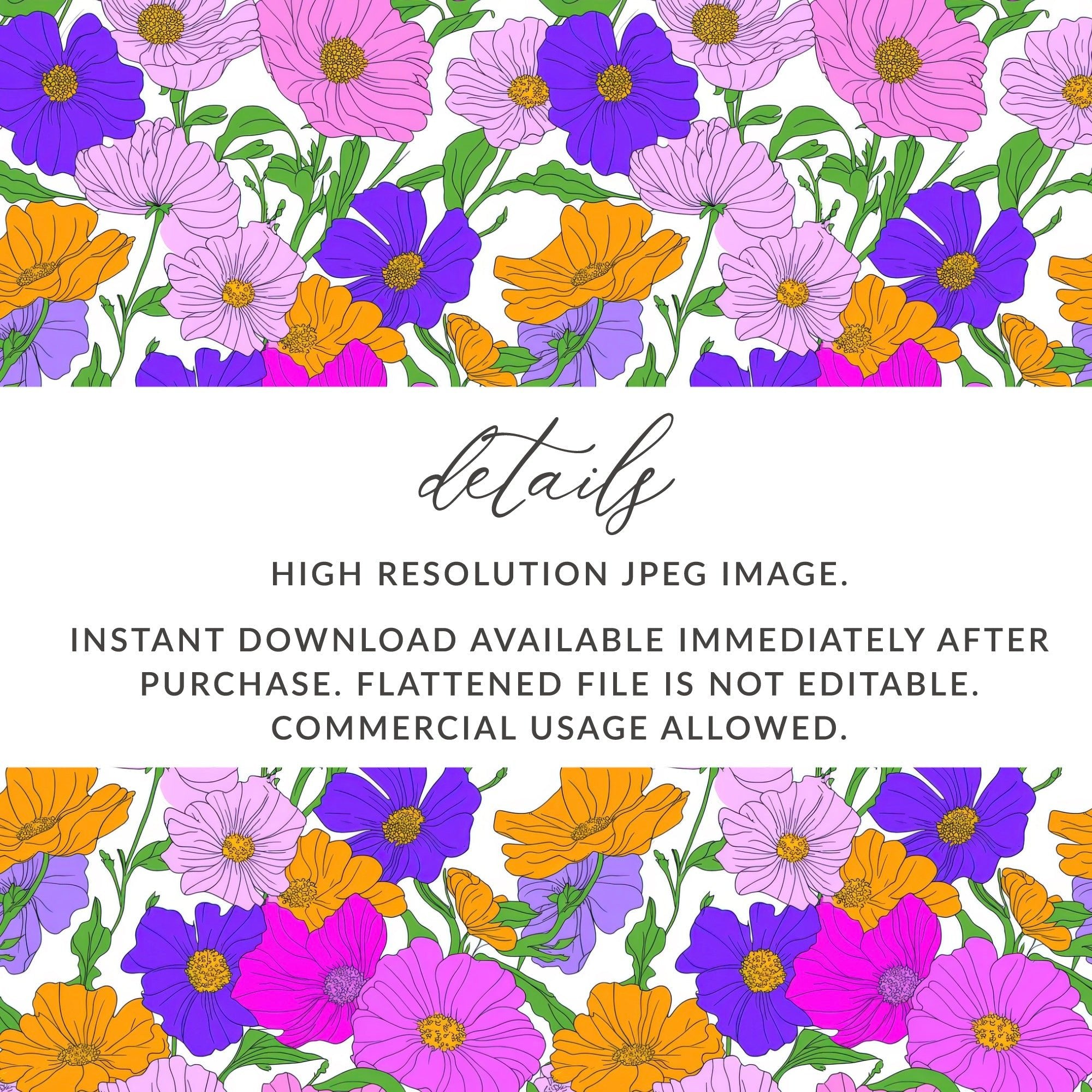 Preppy Pink, Purple, Orange 60's Floral Pattern, Digital Background, Seamless Pattern, Digital Download, Fabric Design, Wallpaper Design - Moore and Mountain