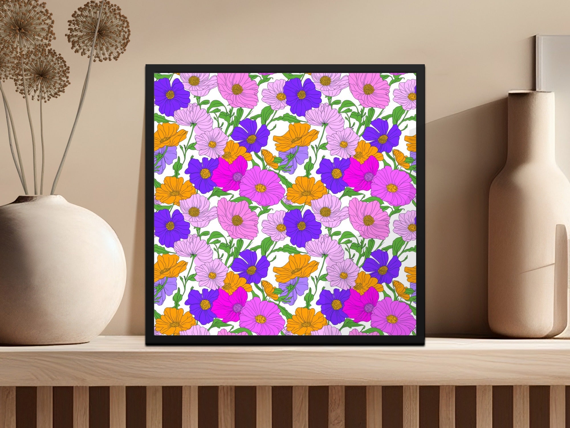 Preppy Pink, Purple, Orange 60's Floral Pattern, Digital Background, Seamless Pattern, Digital Download, Fabric Design, Wallpaper Design - Moore and Mountain