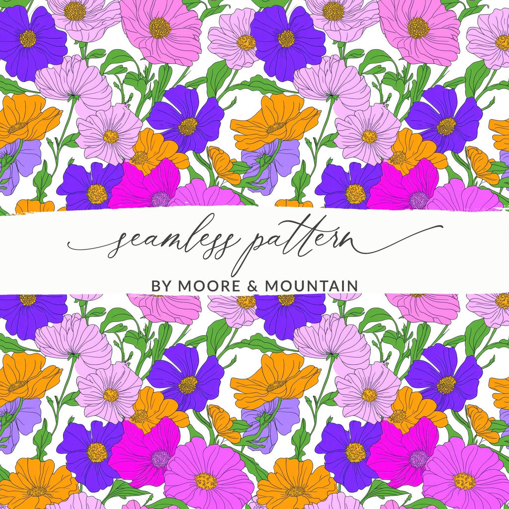 Preppy Pink, Purple, Orange 60's Floral Pattern, Digital Background, Seamless Pattern, Digital Download, Fabric Design, Wallpaper Design - Moore and Mountain