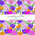 Preppy Pink, Purple, Orange 60's Floral Pattern, Digital Background, Seamless Pattern, Digital Download, Fabric Design, Wallpaper Design - Moore and Mountain
